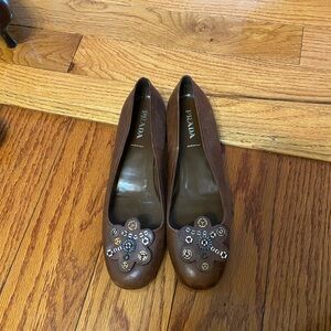 Prada Brown Embellished Flats